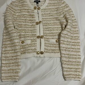 Express Women's Cream Gold Metallic Button Front Sweater Jacket Size Medium  New